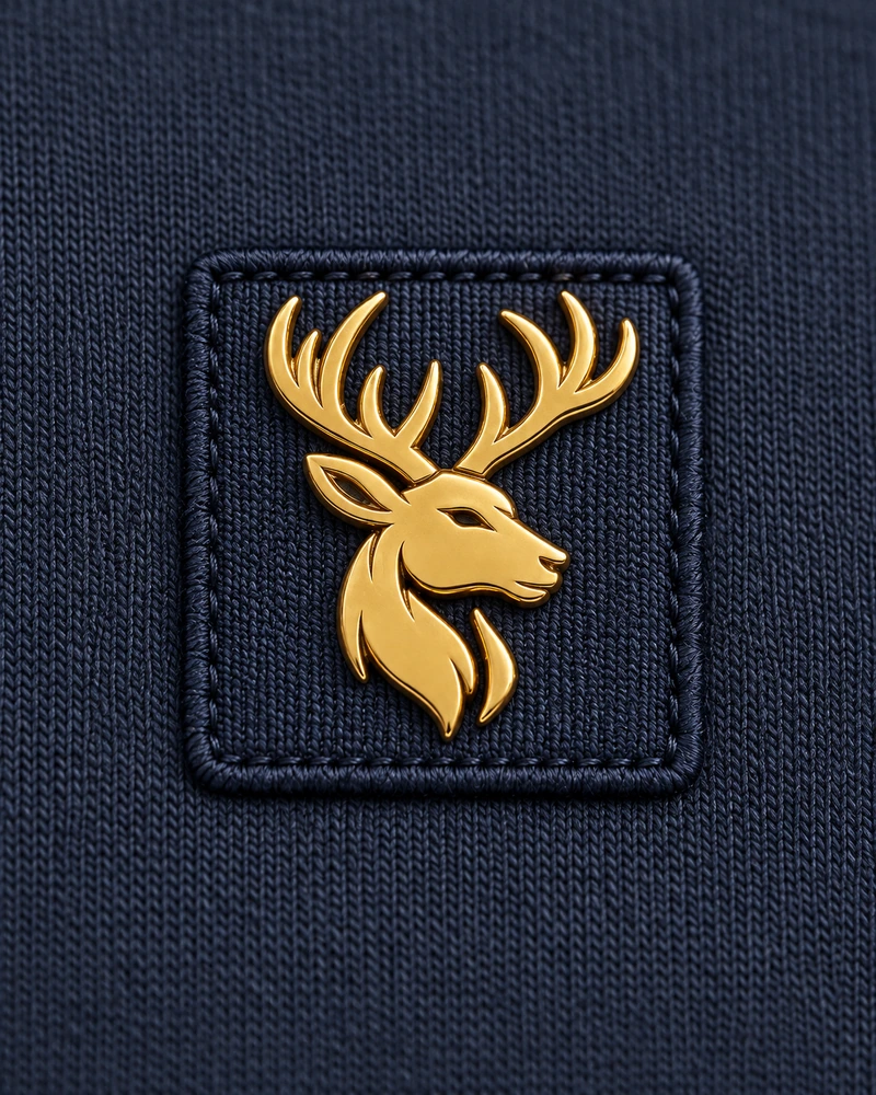 Gold Edition Women's Muse Architectural Crewneck — Midnight Navy, Logo detail