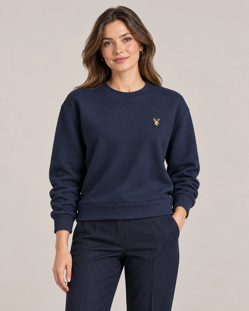 Gold Edition Women's Muse Architectural Crewneck — Midnight Navy, On-model view