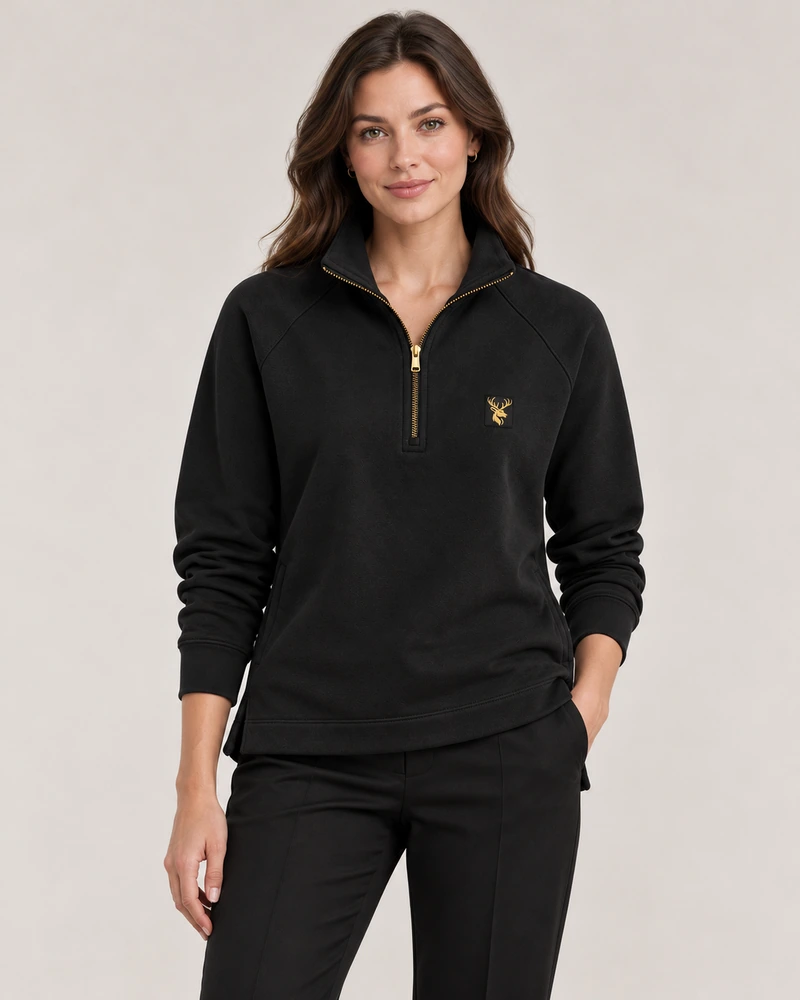 Gold Edition Women's Nocturne Drape Raglan Half-Zip — Black, On-model view