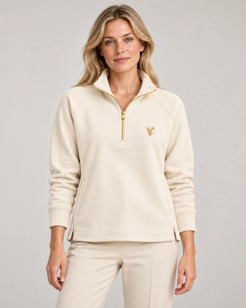 Gold Edition Women's Nocturne Drape Raglan Half-Zip — Cream, On-model view