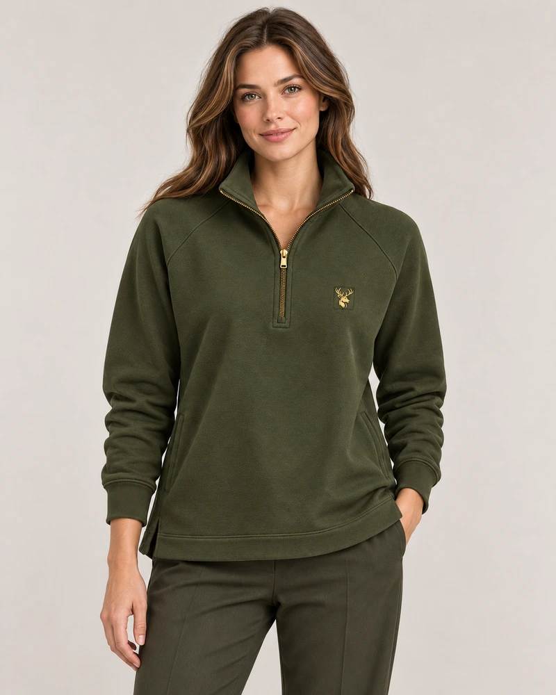 Gold Edition Women's Nocturne Drape Raglan Half-Zip — Dark Olive, On-model view