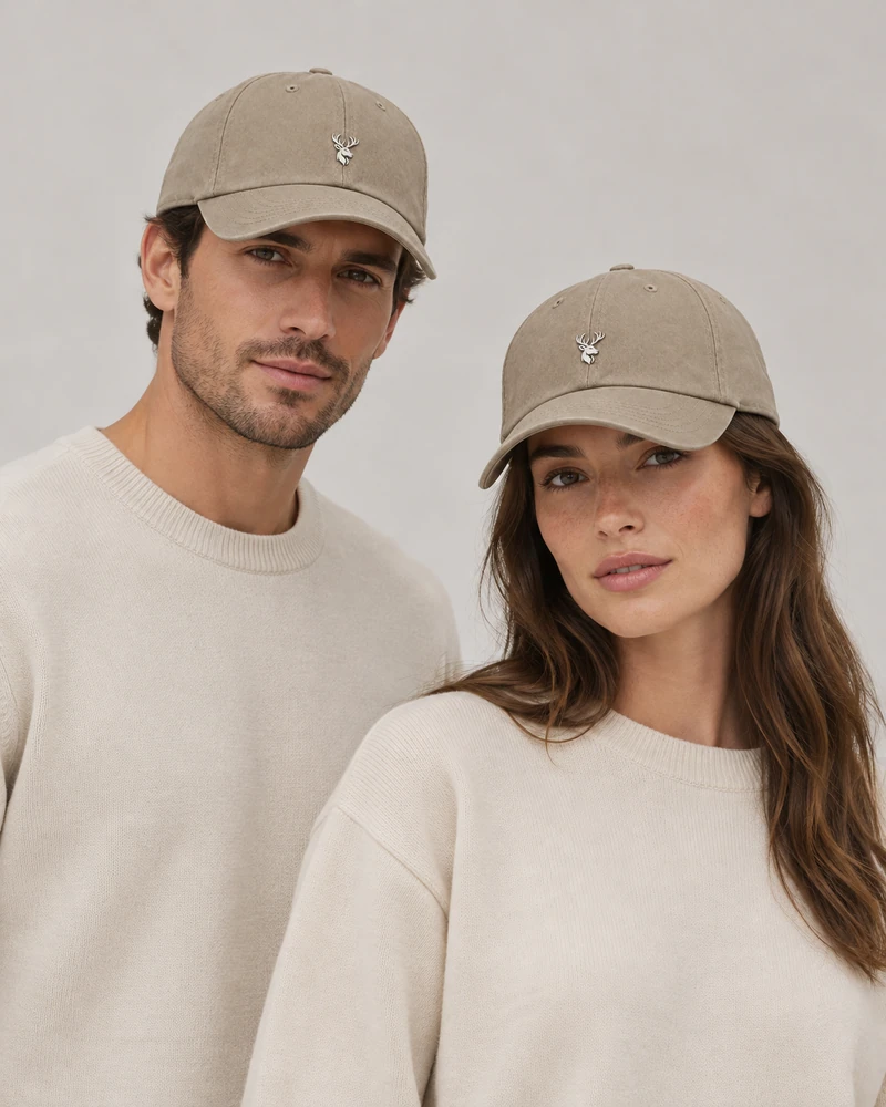 INTERVAL / 01 Unisex Contour Six-Panel Cap — Stone, On-model view