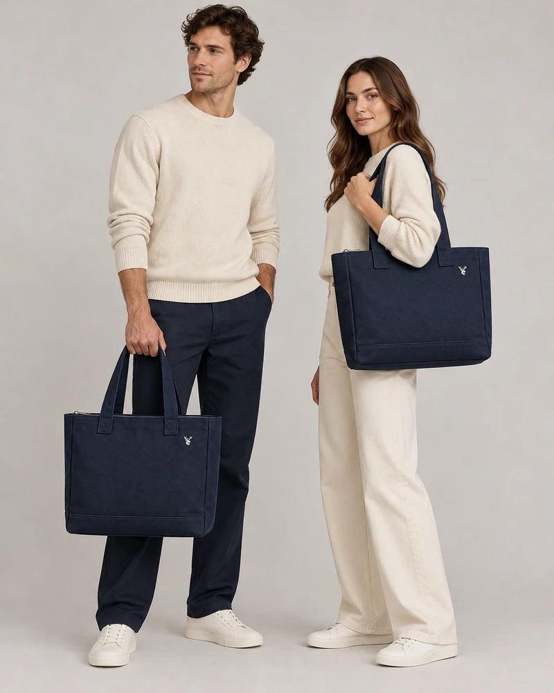 INTERVAL / 01 Unisex Transit Fold Tote — Ink Navy, On-model view