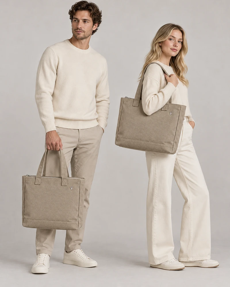 INTERVAL / 01 Unisex Transit Fold Tote — Stone, On-model view