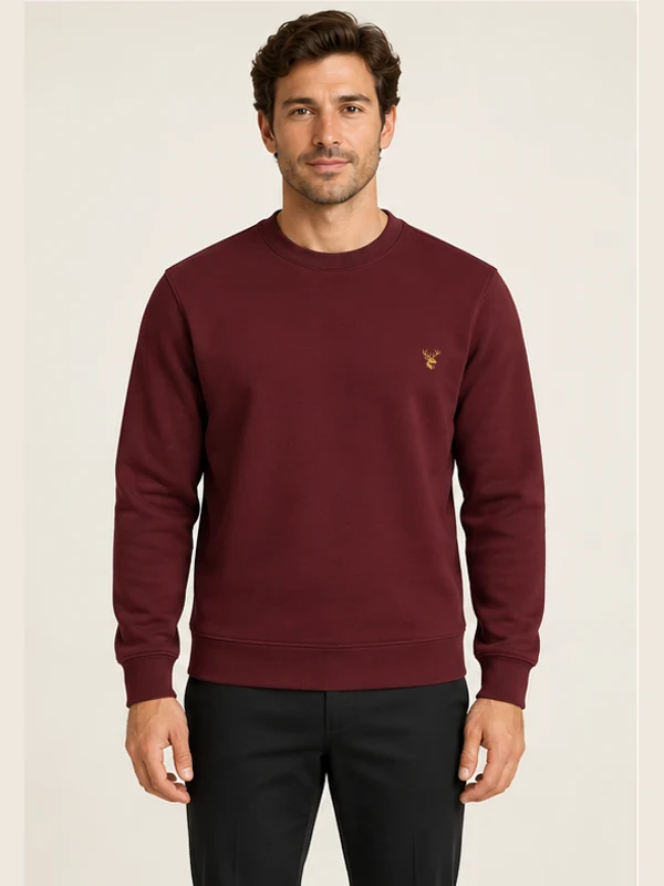 Men's Arc Shaped Crewneck — Deep Burgundy, On-model view