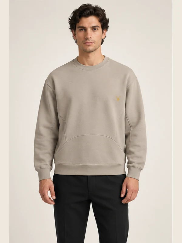 Men's Orbit Panelled Crewneck — Stone, On-model view
