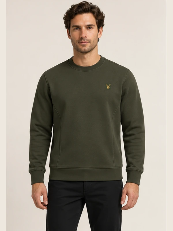 Gold Edition Men's Crest Panelled Crewneck — Dark Olive, On-model view