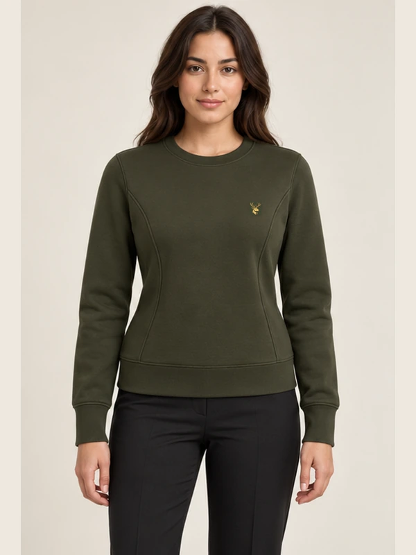 Gold Edition Women's Facet Panelled Crewneck — Dark Olive, On-model view