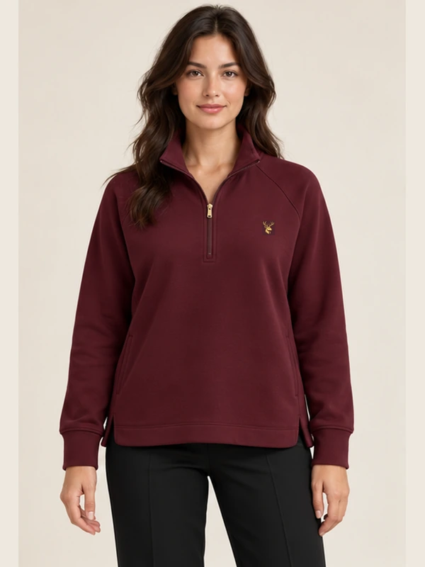 Gold Edition Women's Nocturne Drape Raglan Half-Zip — Deep Burgundy, On-model view
