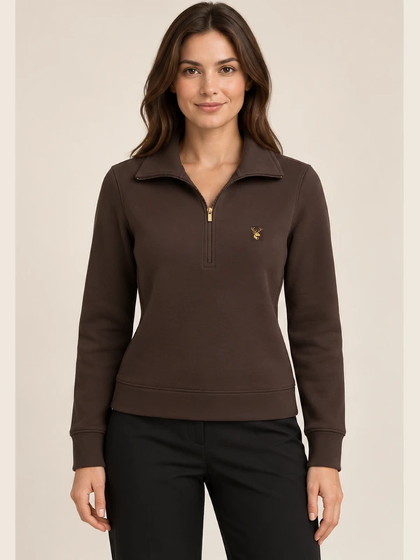 Gold Edition Women's Portrait Fold-Collar Half-Zip — Espresso, On-model view