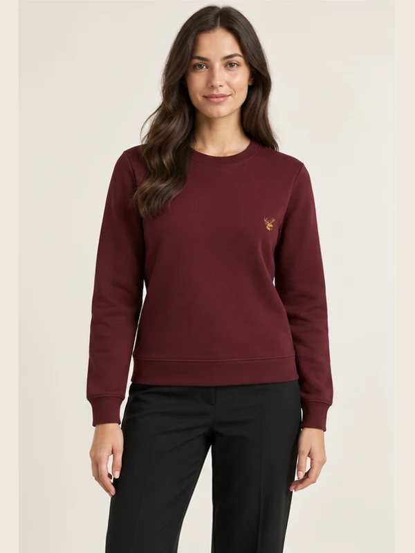 Women's Arc Shaped Crewneck — Deep Burgundy, On-model view