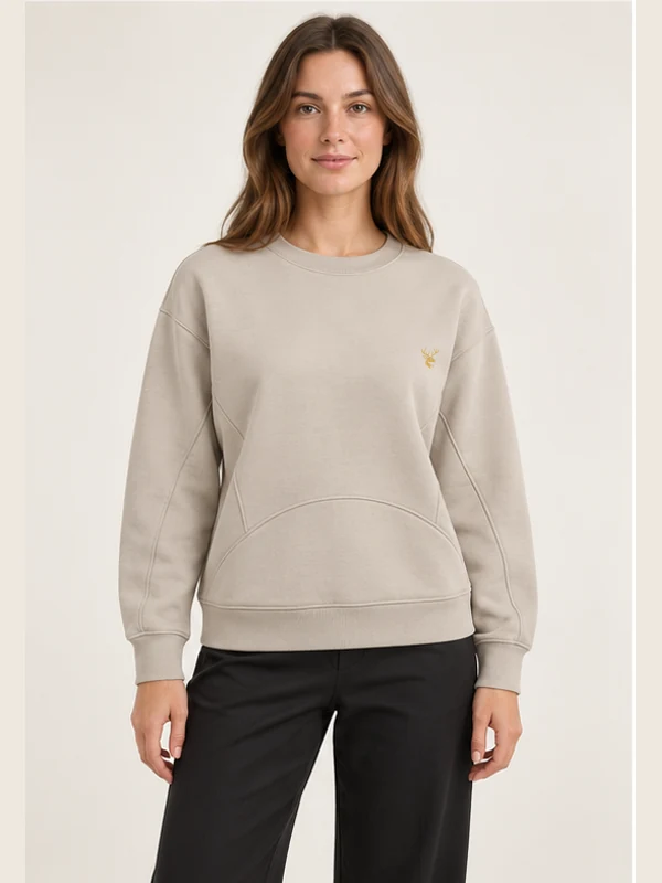 Women's Orbit Panelled Crewneck — Stone, On-model view