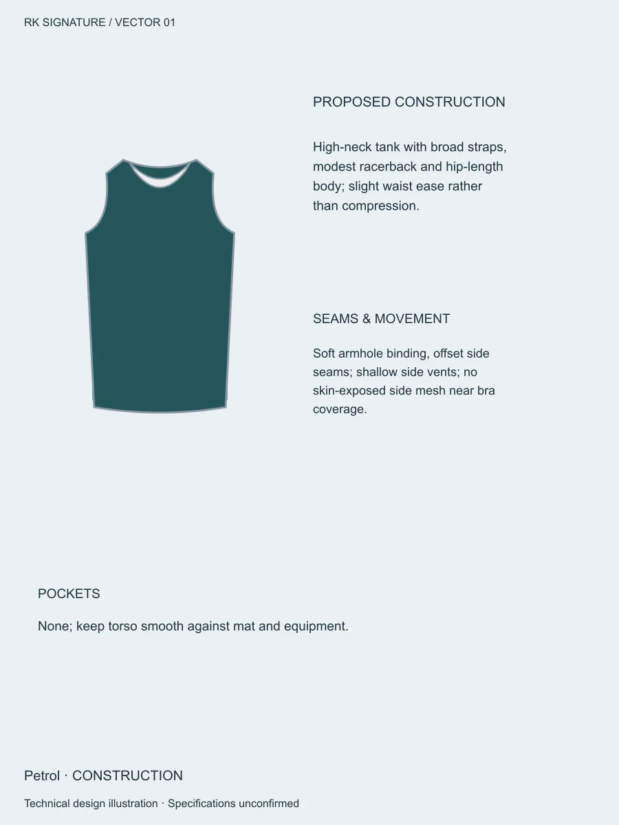 Women’s Pivot Longline Mobility Tank — Petrol, Construction view